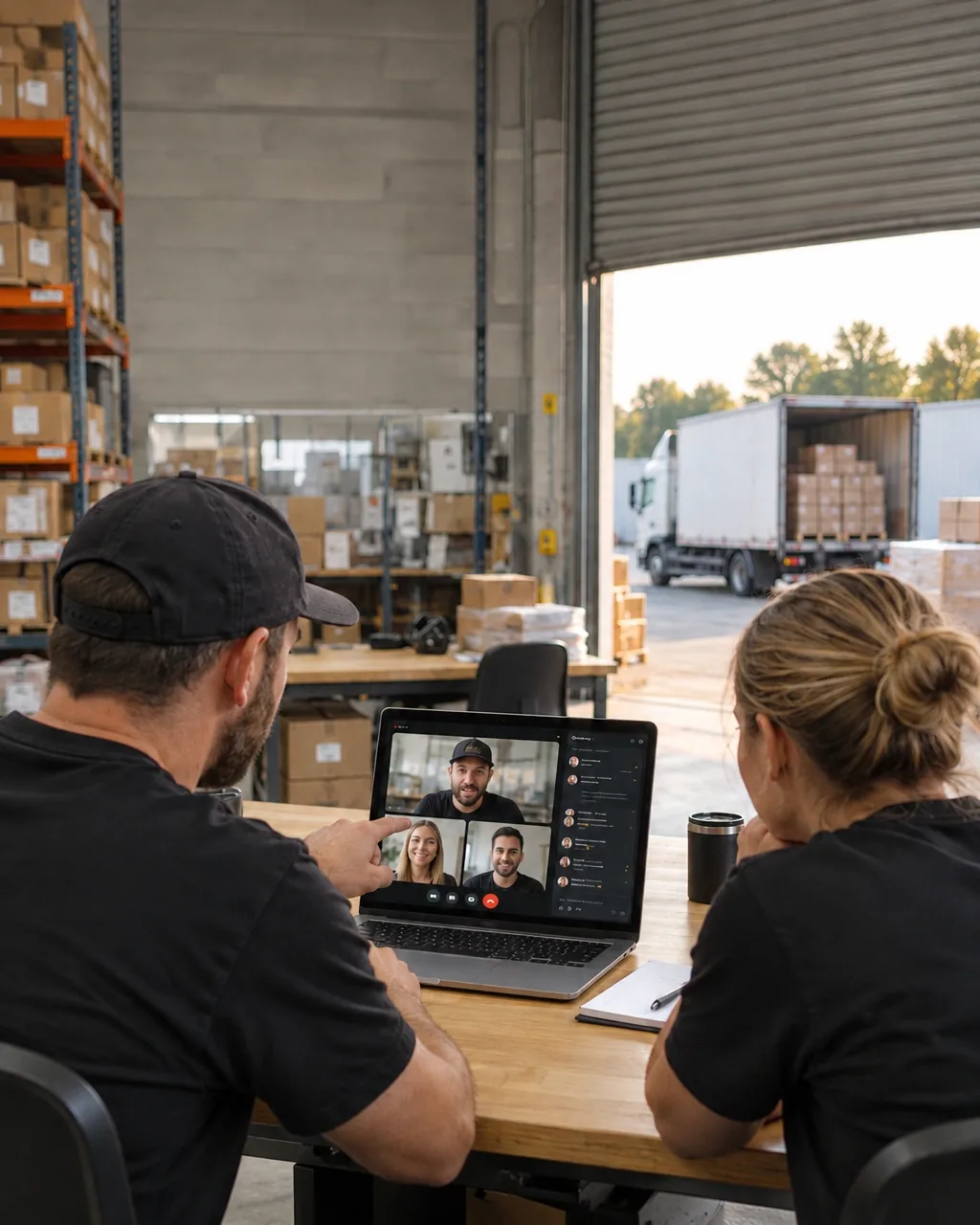 Two Tracksy teammates on a dispatch video call at the warehouse