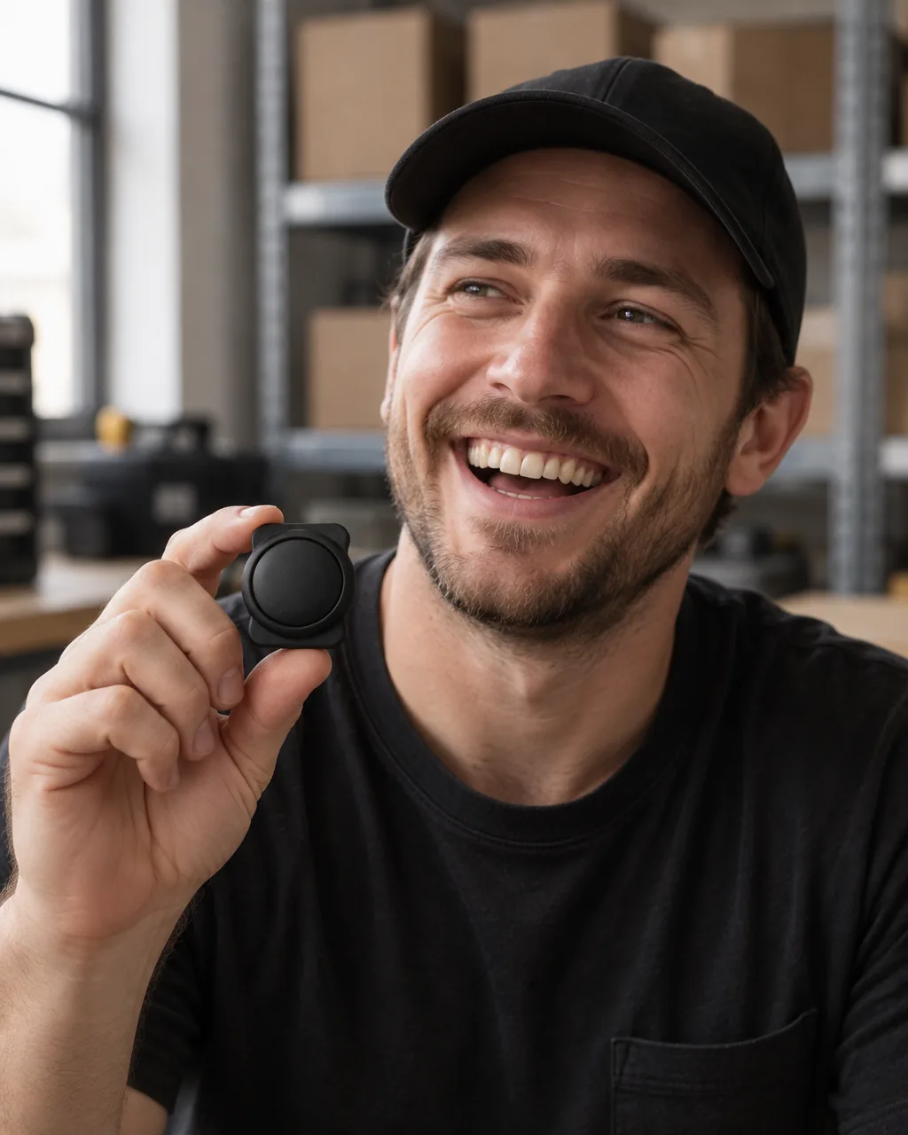Tracksy teammate smiling while holding a Tracksy magnetic tracker