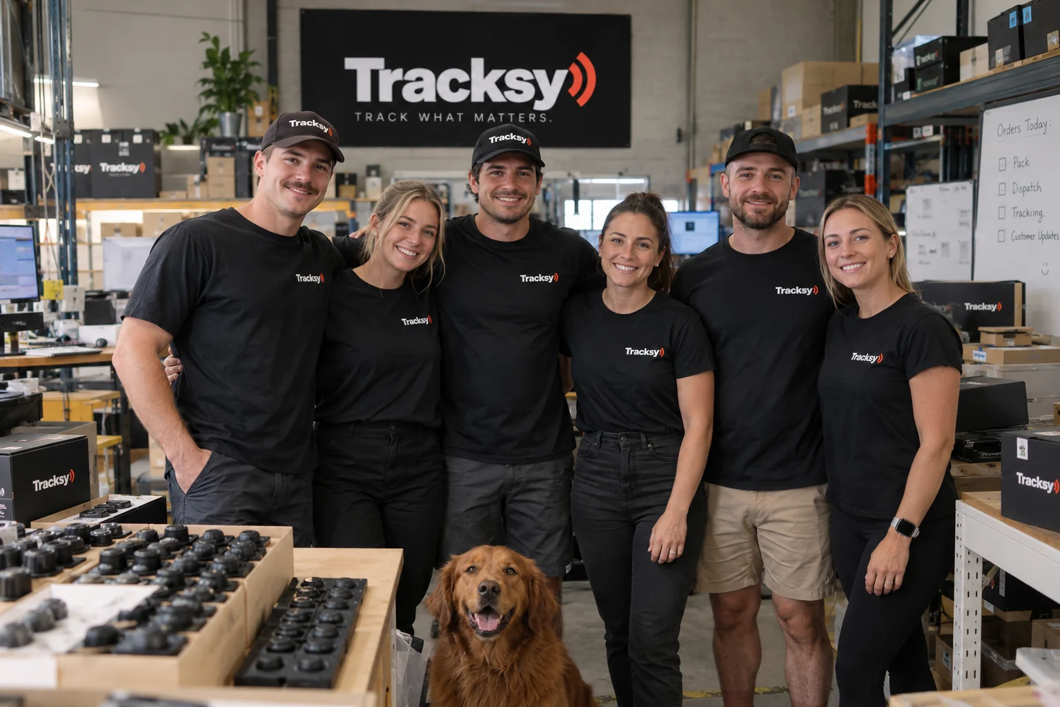 The full Tracksy team at our Australian workshop in front of the Tracksy sign