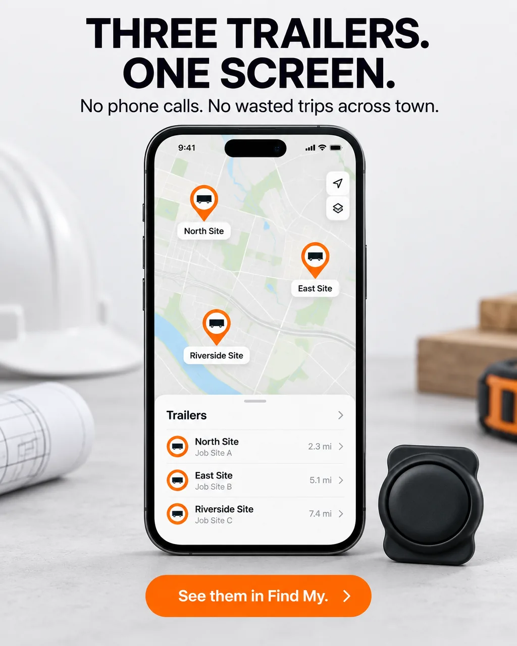 Tracksy magnetic tracker next to iPhone showing live Find My locations